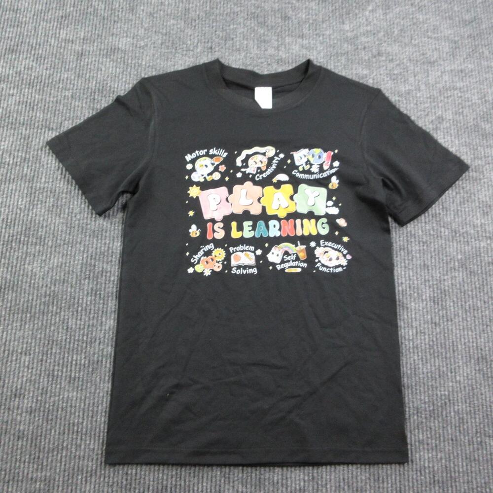 Play Is Learning Shirt Mens S Black Cotton Crew Neck Cat Graphic Tee Lightweight